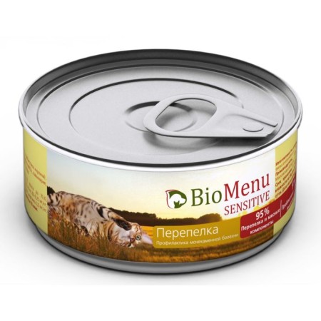 Canned food Biomenu Sensitive for cats, a meat paste with a quail of 95%-miso, 100 g.