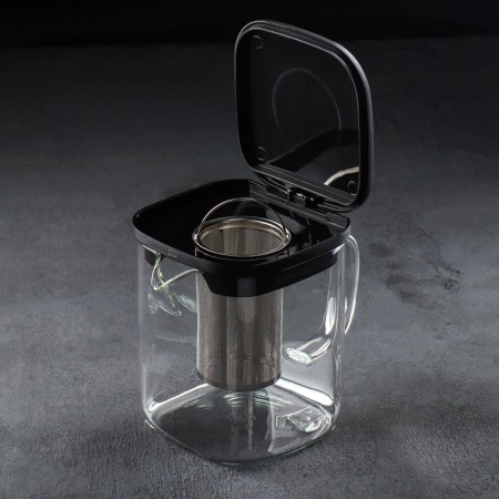 Glass teapot "Quatro", 1 l, with a metal sieve, black color-1
