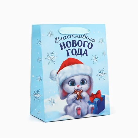 Laminated horizontal “Happy New Year”, hare, MS 18 x 23 x 10 cm, New Year-1