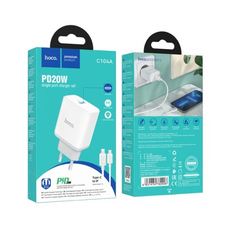 Network charger Hoco C104A, Type-C, 20 W, PD + Qc, Type-C-Lightning, 1 m, white-8