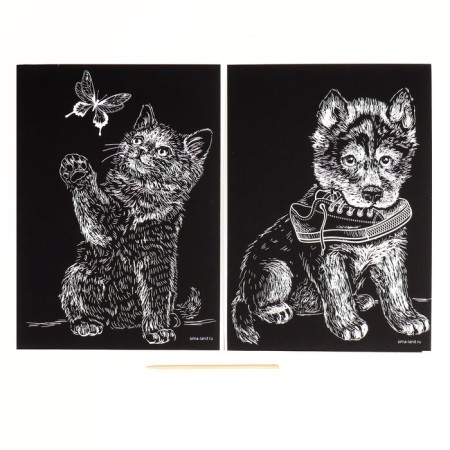 Set of engravings A5 “kitten and puppy” 2 pcs., With the metallic effect “Silver”-1