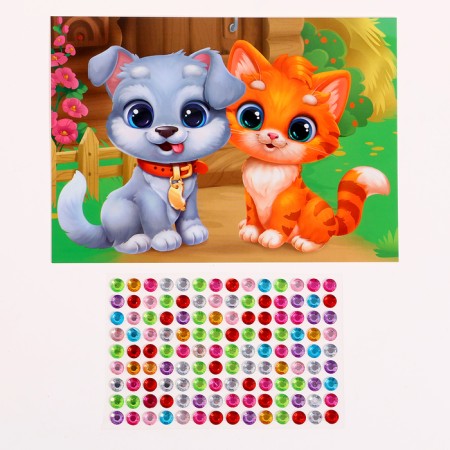 Application with rhinestones for children "Puppy with a kitten", A6, a set for creativity-1