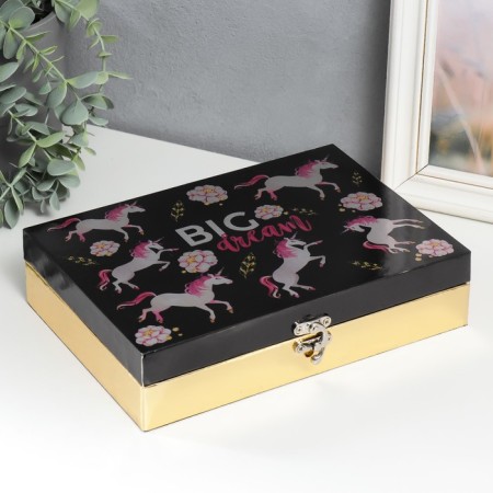 Casket tree "Pink unicorns on black" leatherette gloss 5.5x24x17 cm