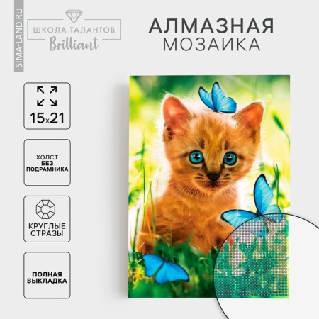 Diamond mosaic with full filling on the canvas "Kitten with butterflies", 15 x 21 cm