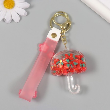 A keychain plastic with a carbine, a strap "Umbrella with a strawberry" Water with a decor 6x5x2 cm-3