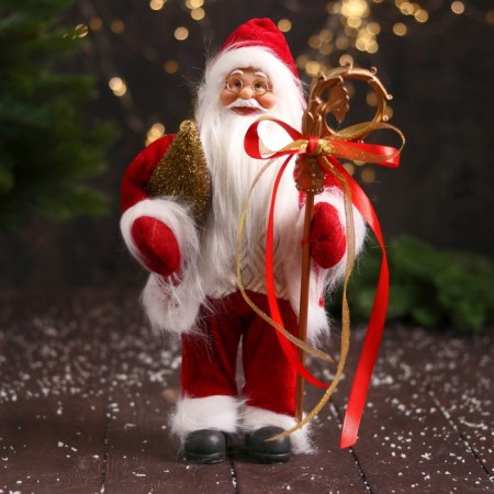 Santa Claus "In a caftan with fur and patterned staff" 30 cm, white-red