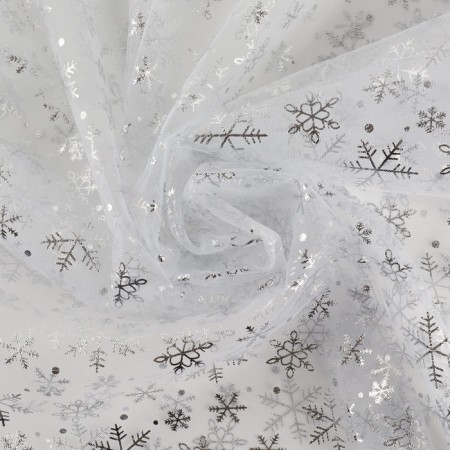 Fatin with snowflakes, with embossing, 155 cm, 11 ± 1 g/sq.m, 0.91 ± 0.1 m, white/silver color-2