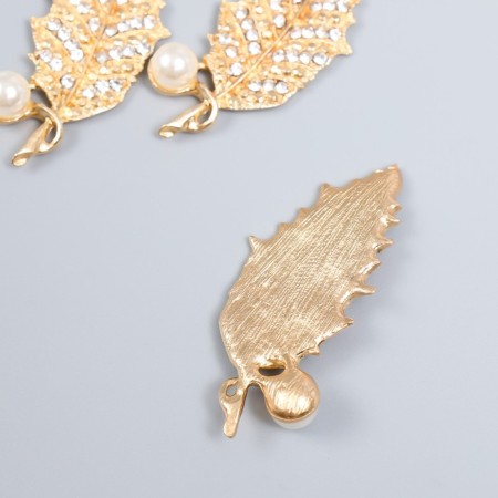 Decor for creativity Metal, plastic "Leaf with pearls and rhinestones" gold 5.5x2.2 cm-1