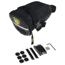A set of bicycle tools, a bag, a set of hexagons, a repair kit