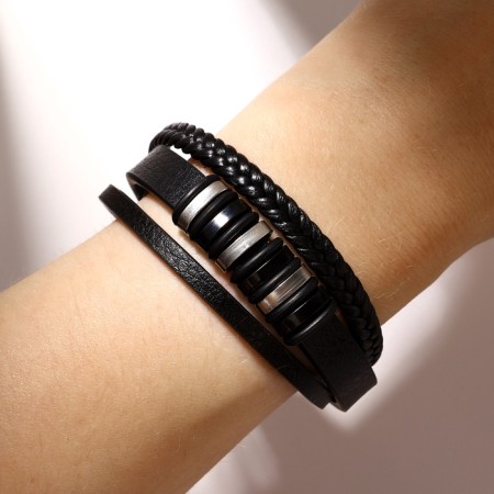 Bracelet Unisex "Power" three links, black color with ferrous-silver metal, 21.5 cm-3