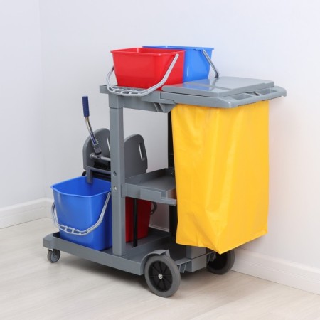 Multifunctional trolley for cleaning with buckets, spin and trays, gray color-3