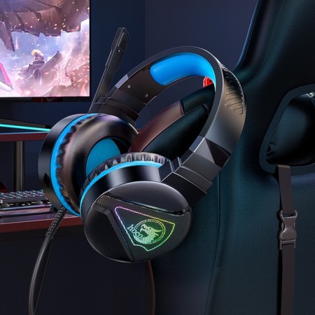 Hoco W104 headphones, gaming, invoices, microphone, USB + 3.5 mm, 2 m, black and blue-3