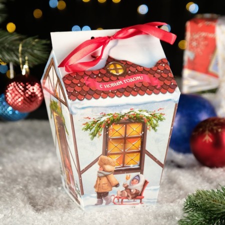 Gift box "Festive house" beige with a bow, 14 x 14 x 21.3 - 9.6 x 9.6 x 22 cm