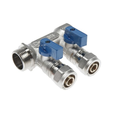 Collector "STM", 3/4 "x16 mm, 2 outputs, with ball valves, for m/n pipes, nickel.