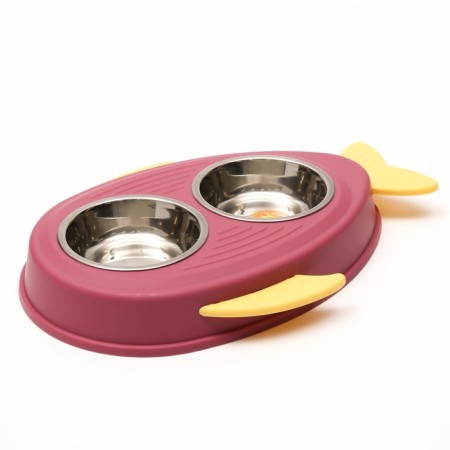 Metal dual bowl on a plastic base 2 x 160 ml, 35 x 23.5 x 5 cm, pink