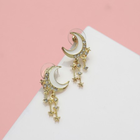 Earrings with “crescent” rhinestones, the color is white in gold-1