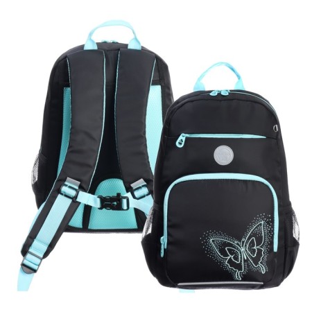 School backpack, 40 x 25 x 13 cm, Grizzly, ergonomic back, laptop department, black/turquoise
