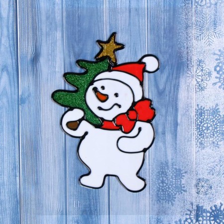 Stick on glass "Snowman with a Christmas tree" 9x14.5 cm