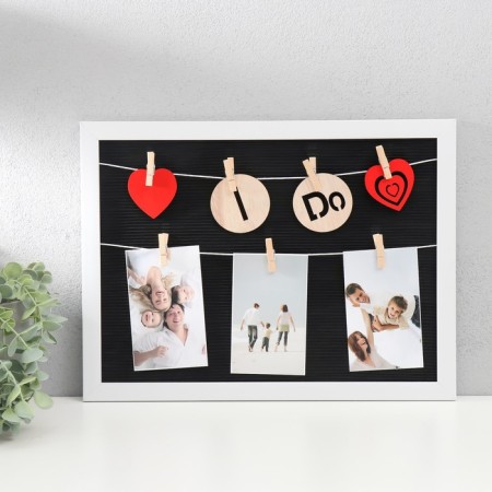 Photo frame Plastic in 3 photos "Love" with clothespins, white 40x30 cm