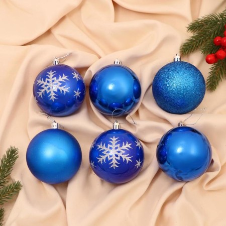 Set of balls plastic D-8 cm, 6 pcs "Snowflake drops" blue