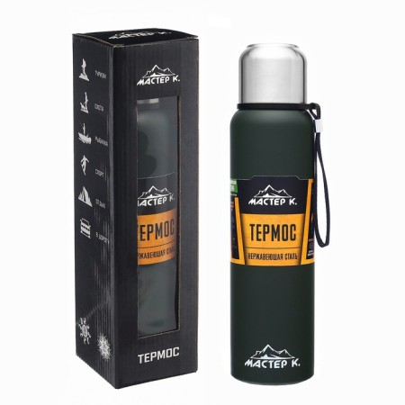 Thermos, 1 l, the journey "Master K.", with a mug, with a strain, retains heat 24 hours