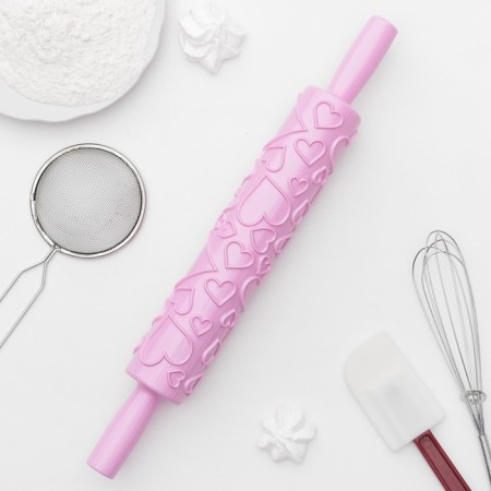 Confectionery rolling pin "Hearts", 39.5 cm, working part 25 cm, textured, lilac color