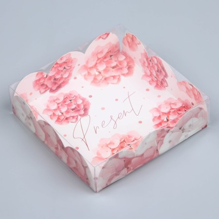 Cookie box, confectionery packaging with PVC lid, Present, 10.5 x 10.5 x 3 cm