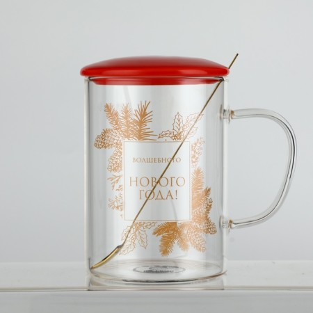 Glass mug with a spoon and a lid of the "Magic New Year", 470 ml-1