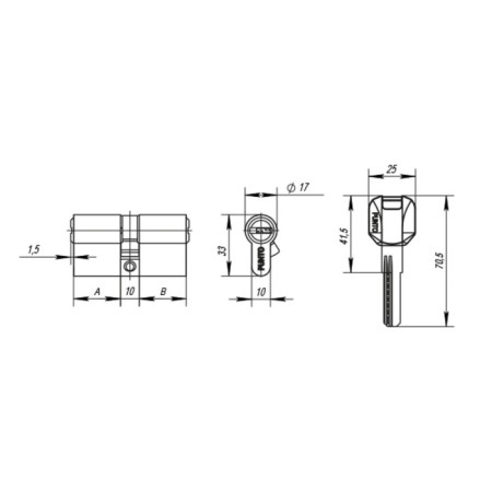 Punto Z400/90 CP cylinder mechanism, 35x10x45 mm, 5 keys, chromium color-1