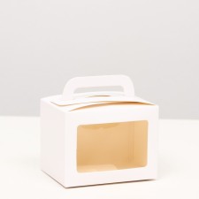 The box is folding, with a window and a handle, white , 7 x 7 x 10 cm