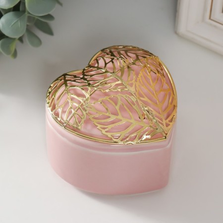 Coramics box, metal "Heart with leaves" Pink 9x8.5x7.2 cm