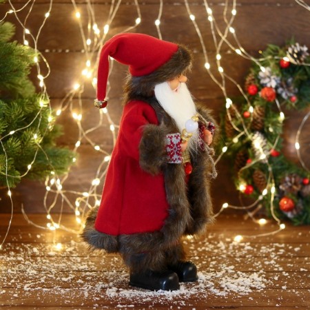 Santa Claus "In a suit with patterned sleeves" moves, with a backlight, 40 cm, red-1