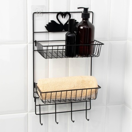 Bathroom shelf, 2-tier, 4 hooks, 47 × 25 × 14 cm, color black-1