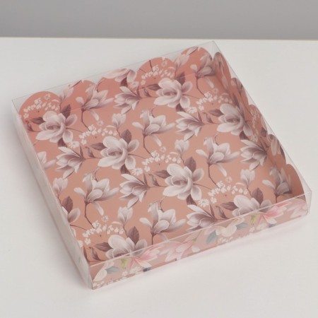 Cookie box, confectionery packaging with PVC lid, “flowers”, 18 x 18 x 3 cm