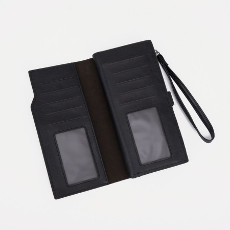 Men's purse on the button, a department for bills, for maps, for coins, black color-3