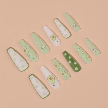 Avocado overhead nails, 12 pcs, with adhesive plates, ballerina shape, green/white color-2
