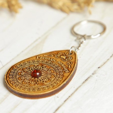The keychain "Lord has mercy", with amber, a drop, birch bark-1
