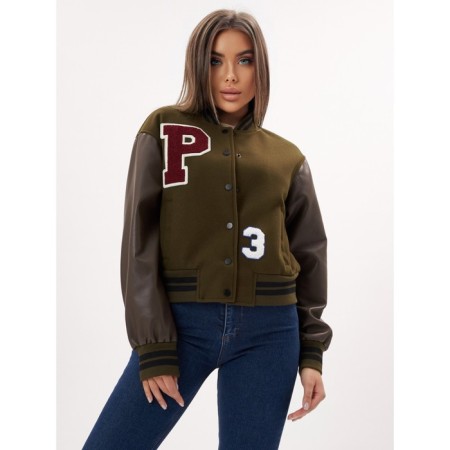 Leather bomber female color khaki, size 48-6