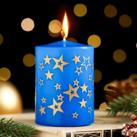 Candle - a cylinder with patterns "Stars", 5.6x8 cm, blue with gold