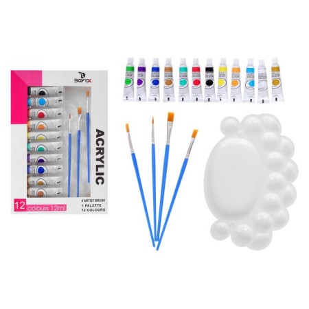 Acrylic paints, 12 colors in a plastic tube, 12 ml, in a cardboard box, 4 brushes, palette