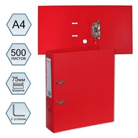 A4, 75 mm, Lamark, PVC, double-sided coating, metal edging, pocket for a spine, collected, red/red