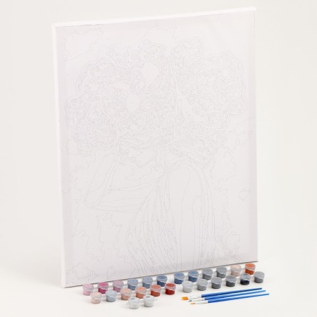 Picture on numbers on canvas with a subframe with silver paint "Girl with peonies", 40 x 50 cm-1