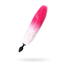 Anal plug with a white-pink tail, silicone, black color, 45 cm, d = 3.3 cm