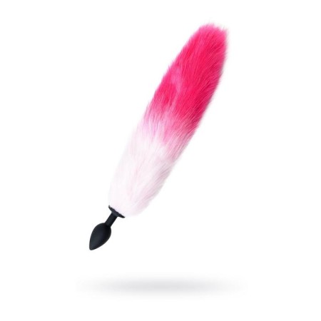 Anal plug with a white-pink tail, silicone, black color, 45 cm, d = 3.3 cm