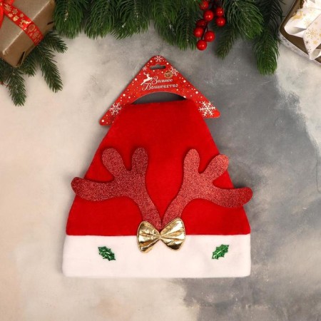 New Year's cap "Deer horns" with a bow and snowflakes 25x35 cm-2
