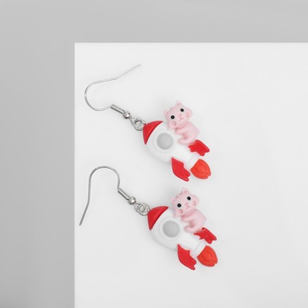 Earrings Assorted "Joy" cats on a rocket, colored in silver-1