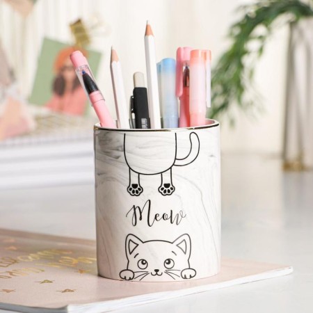 Organizer for the office, ceramic, meow, gray, 8 x 9.5 cm-2