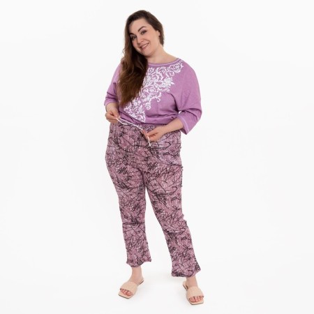 Female trousers with print, pink color with black pattern, size 52