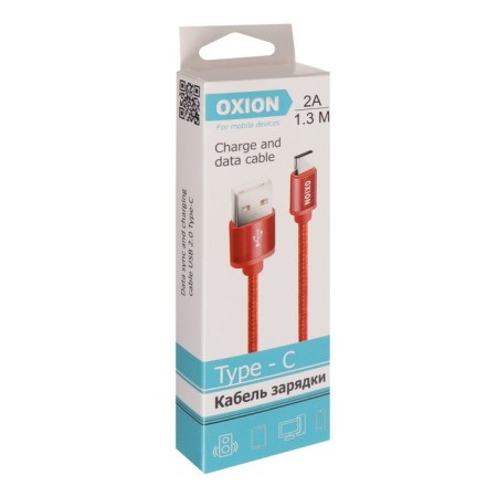 Cable Oxion DCC259, Type -C - USB, 2 A, charging + data transfer, 1.3 m, braid, red-3