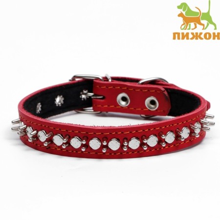 Leather collar on synthetic winterizer "Hedgehog", 56 x 2.5 cm, Osh 35-45 cm, red
